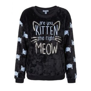 BLACK WASHABLE VELVET & SEQUIN SWEATER with BLUE KITTIES EUC SIZE XXL